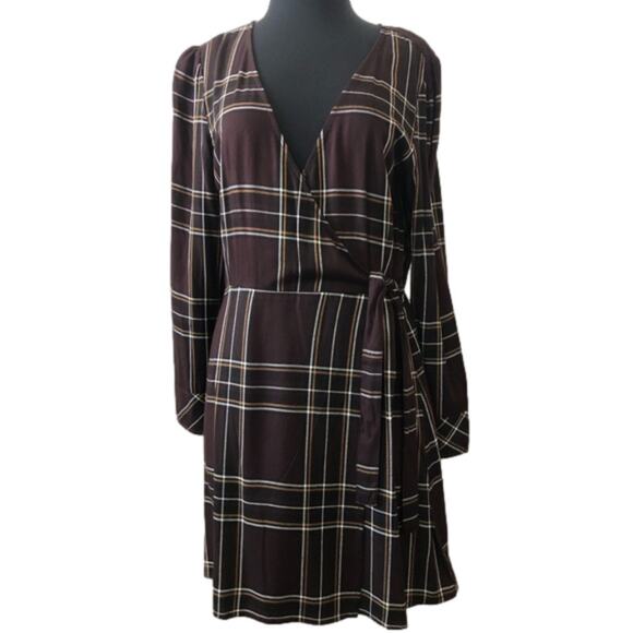 Sanctuary Upbeat Brown Plaid Surplice Wrap Dress Long Sleeve Preppy Size 10 - Picture 1 of 14